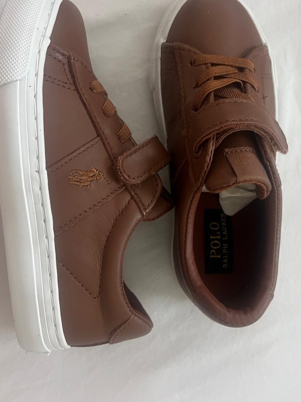 Kids Ralph Lauren Brown Leather Low-Top Sneakers with White Sole